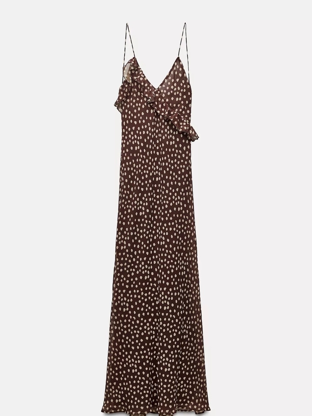 Zara Brown Maxi Slip Dress with Cream Polka Dots - Picture 1 of 8